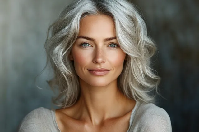 A mature woman with silver hair smiles softly in natural light against a dark background.