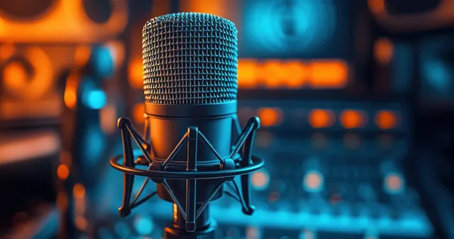 Condenser microphone in a shock mount under orange and blue studio lighting with a blurred mixing console behind it.