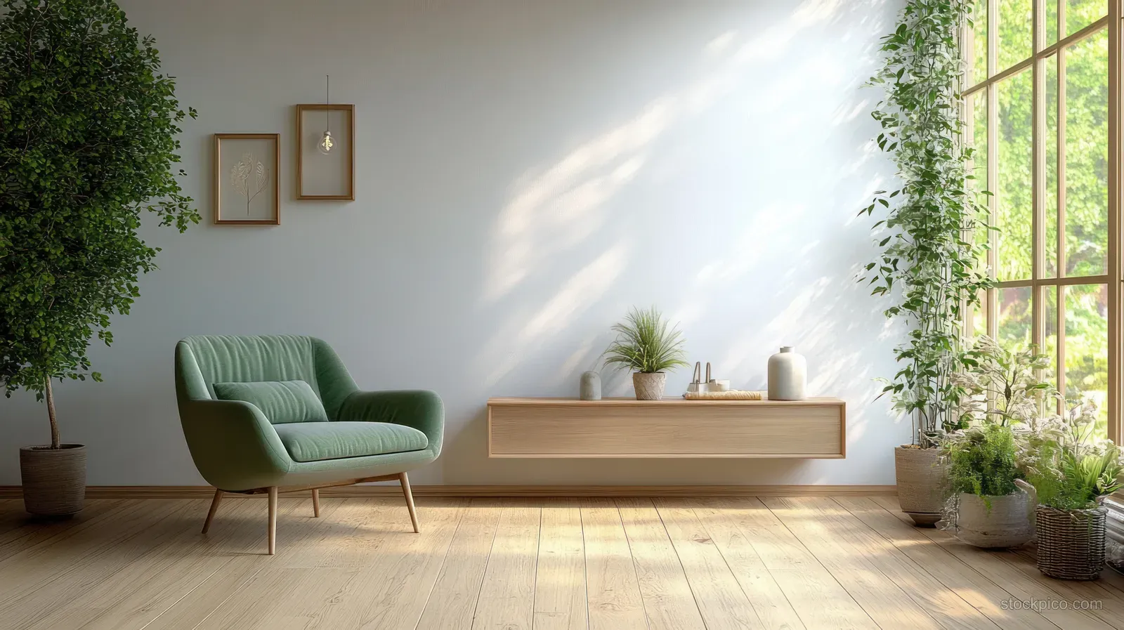 Green armchair in a sunlit Scandinavian living room with wooden cabinet and potted plants by the window.