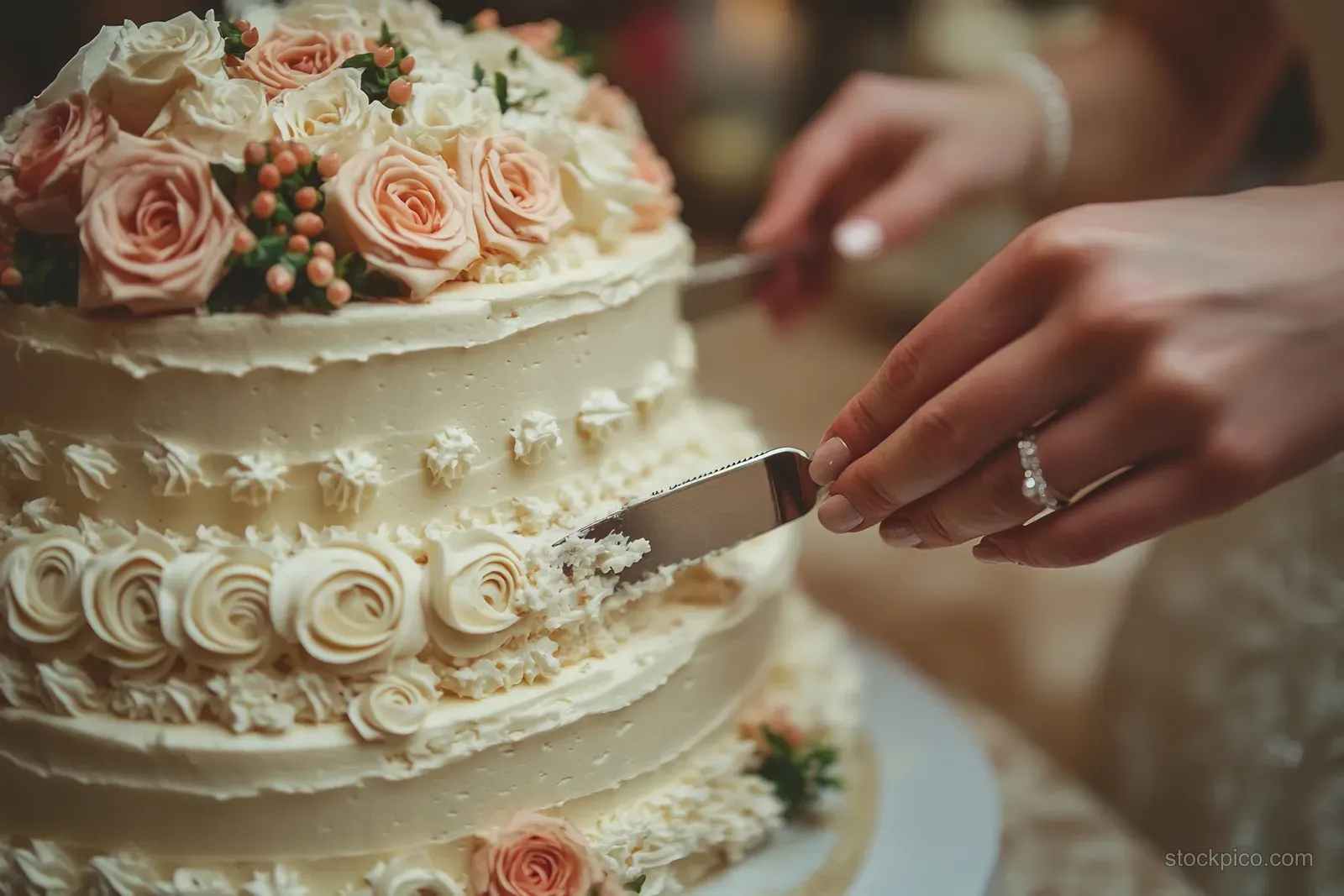 Hands slice a decorated wedding cake with roses and cream frosting.