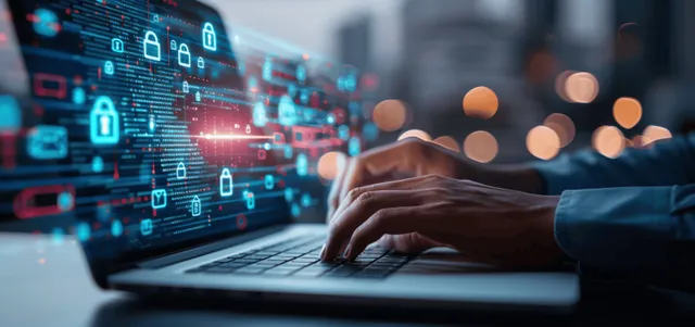 A hand types on a laptop screen with glowing padlock and encryption icons over a digital network.