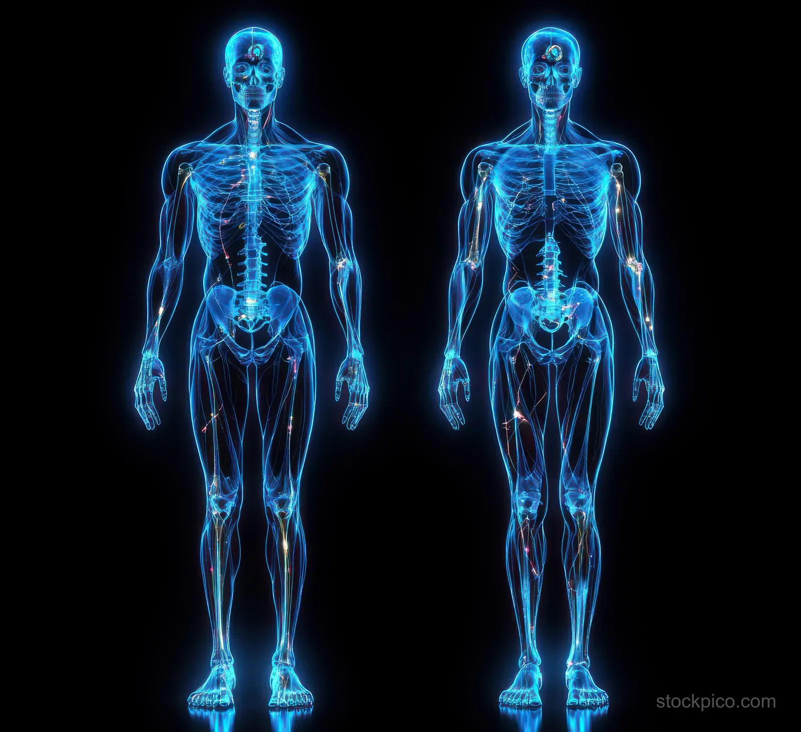 Neon blue outlines of male and female skeletal and muscular systems in a front view against black.