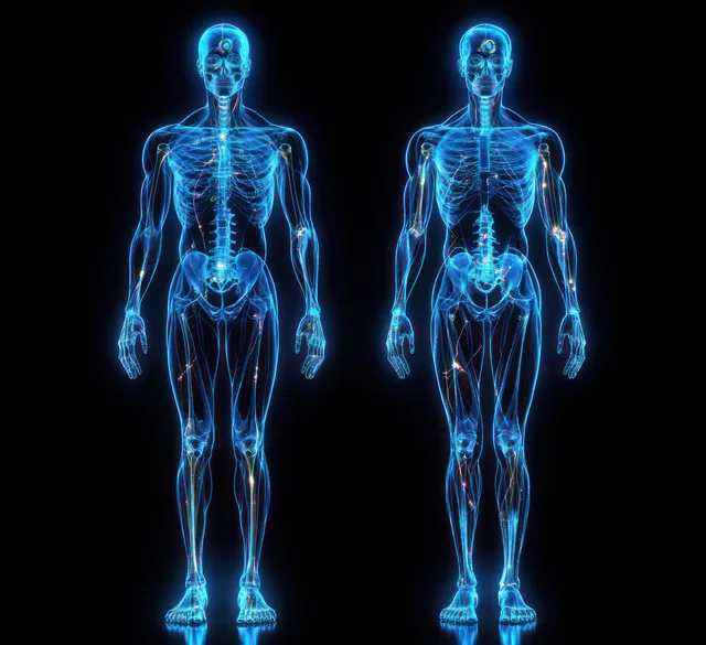 Neon blue outlines of male and female skeletal and muscular systems in a front view against black.