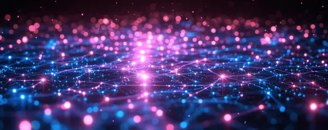 Neon DNA-like molecular network with glowing dots and connecting lines across a dark abstract tech background.