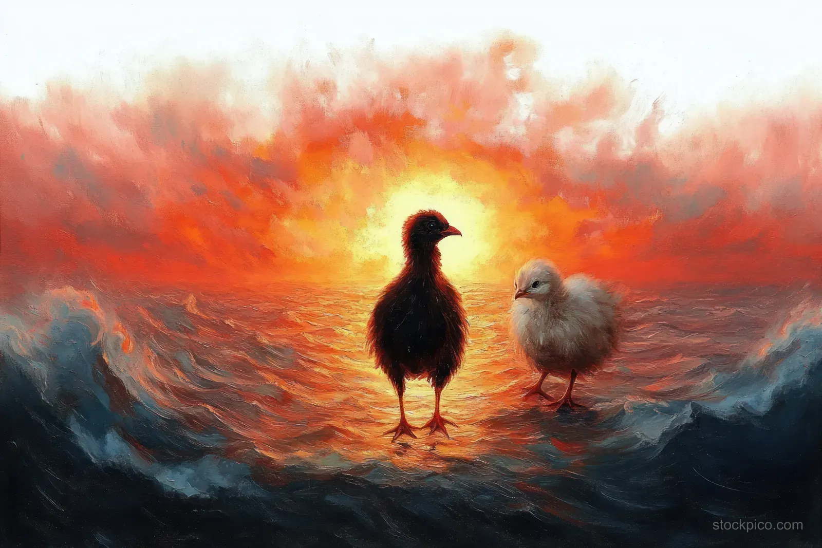 Two young birds stand on the ocean surface during a fiery sunset with glowing orange and red sky.