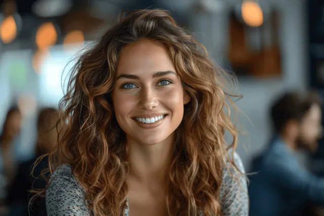 Smiling businesswoman in office during meeting with coworkers discussing contract paperwork behind her.