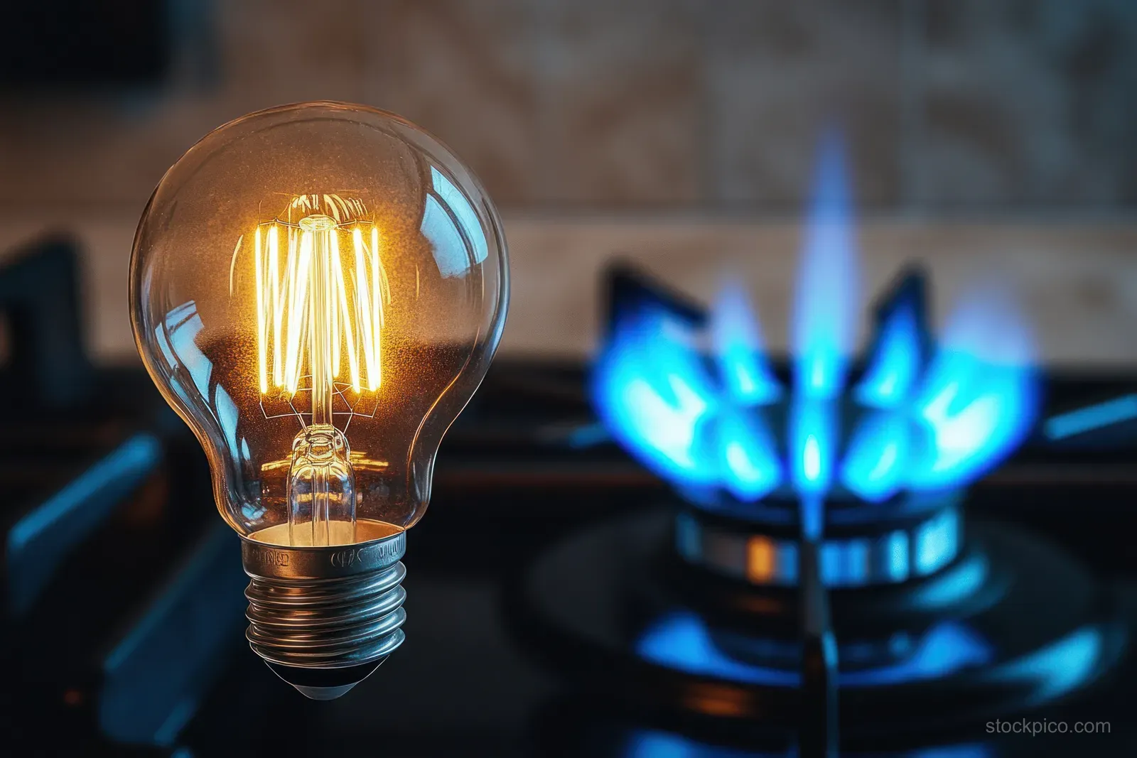 Vintage light bulb glows beside a gas stove with visible blue flames and warm kitchen lighting.
