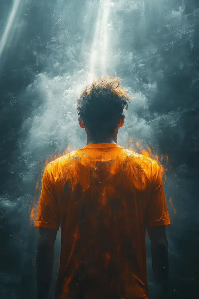 A backlit soccer player in an orange jersey stands in smoky stadium haze with dramatic light rays behind them.