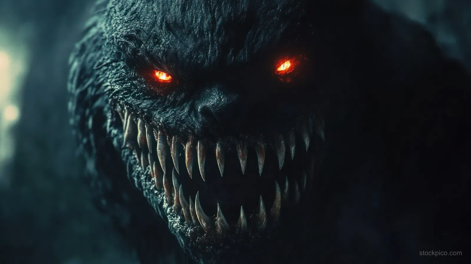Close-up of a dark monster face snarling with glowing orange eyes and jagged teeth in deep shadows.