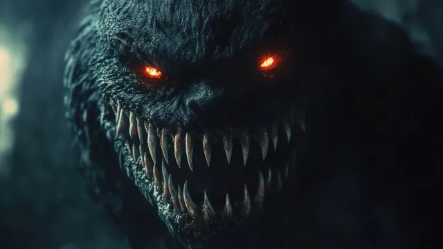 Close-up of a dark monster face snarling with glowing orange eyes and jagged teeth in deep shadows.