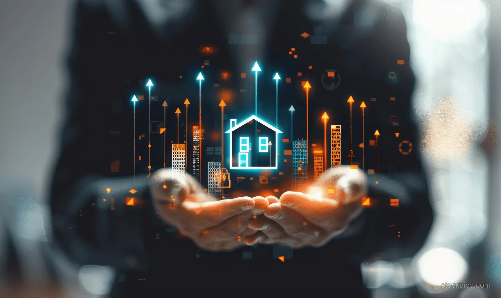 Hand cradling a glowing house icon with upward arrows and percentage chart graphics in a finance-themed scene.