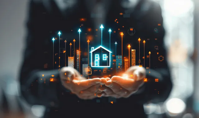 Hand holding a house icon over glowing finance charts, loan growth concept