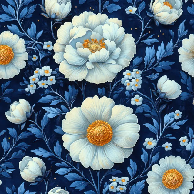 Seamless navy floral pattern with light blue blossoms and gold centers, repeating motif