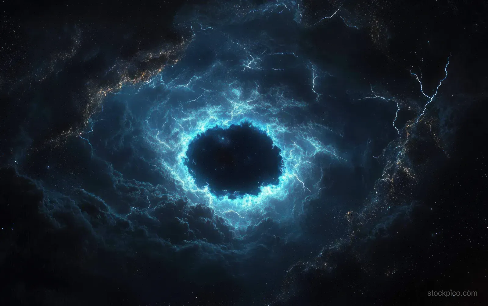 A glowing blue lightning cosmic vortex spins inside a dark void with swirling clouds around it.