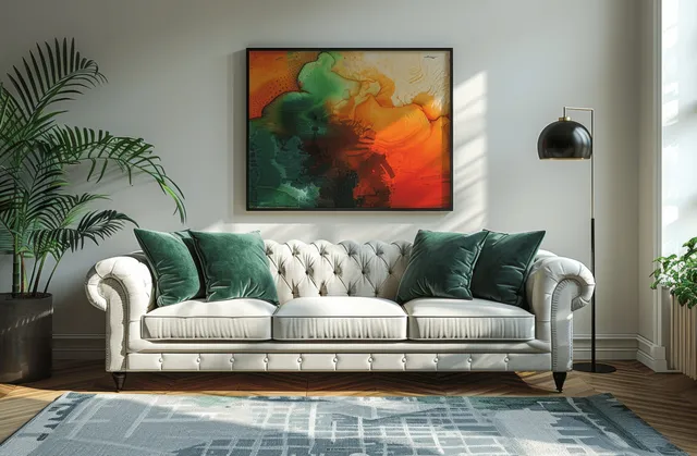 White sofa with green velvet pillows sits beneath an abstract painting, beside a black floor lamp in a minimalist living room.