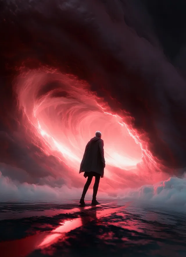 Astronaut explorer stands on alien planet, facing a swirling red cosmic portal glow