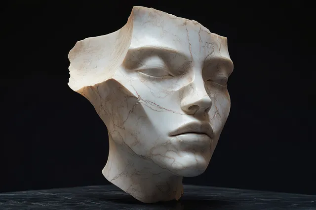 Half of a marble face sculpture fragment stands on a dark surface under dramatic spotlight lighting and shadows.