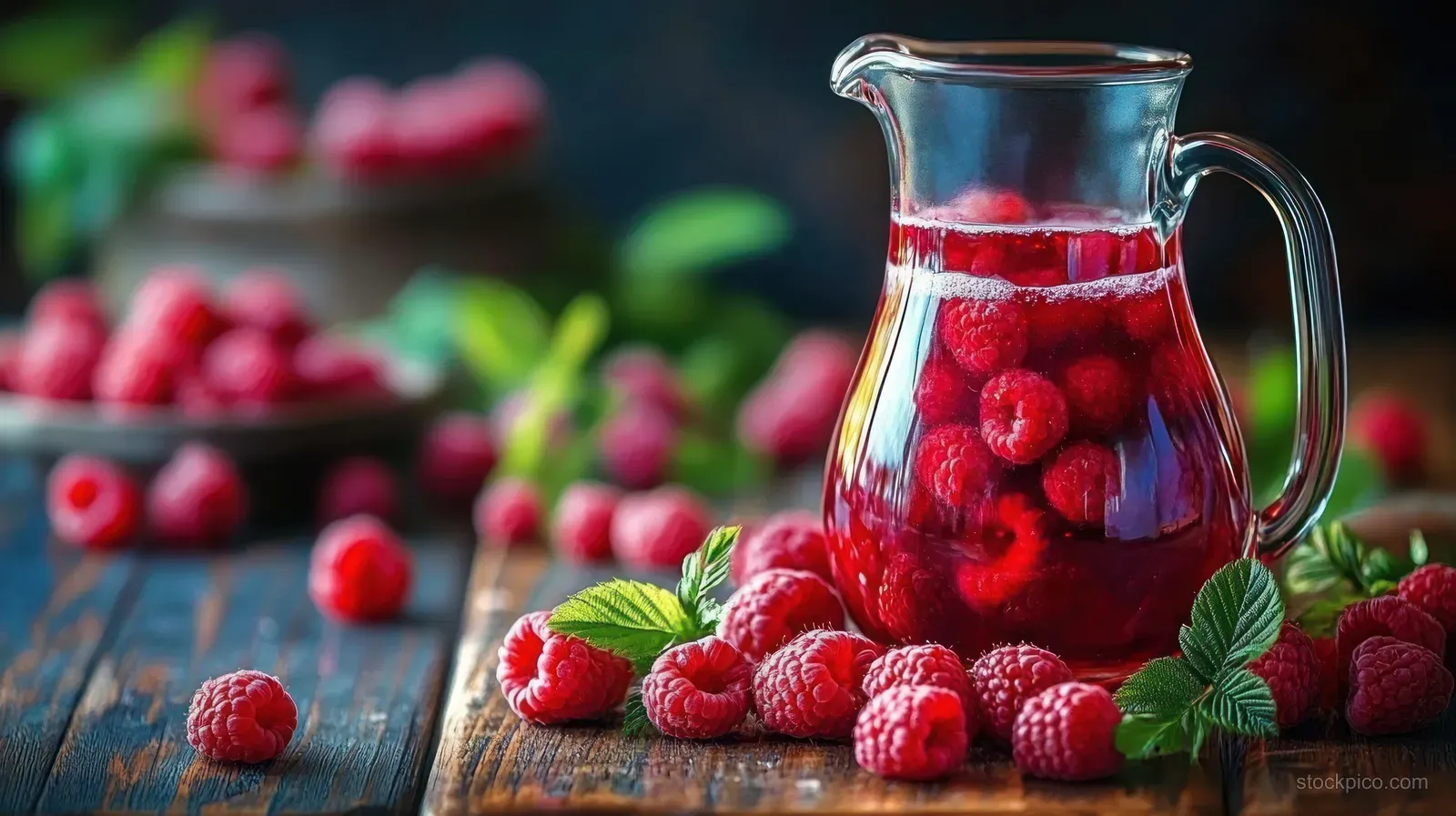 Glass pitcher of raspberry juice surrounded by ripe raspberries and green leaves on rustic wooden surface.