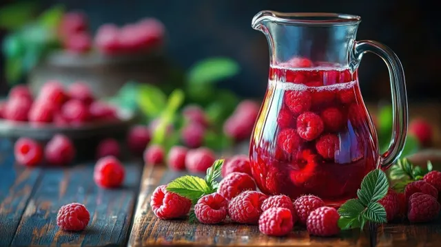 Glass pitcher of raspberry juice surrounded by ripe raspberries and green leaves on rustic wooden surface.