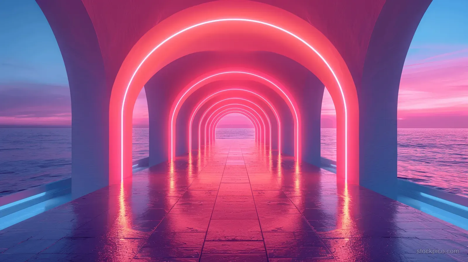 Red neon arches form a corridor over a wet concrete floor with reflections beside calm water at dusk.