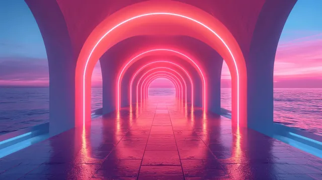 Futuristic neon archway corridor with water reflections under a blue dusk sky