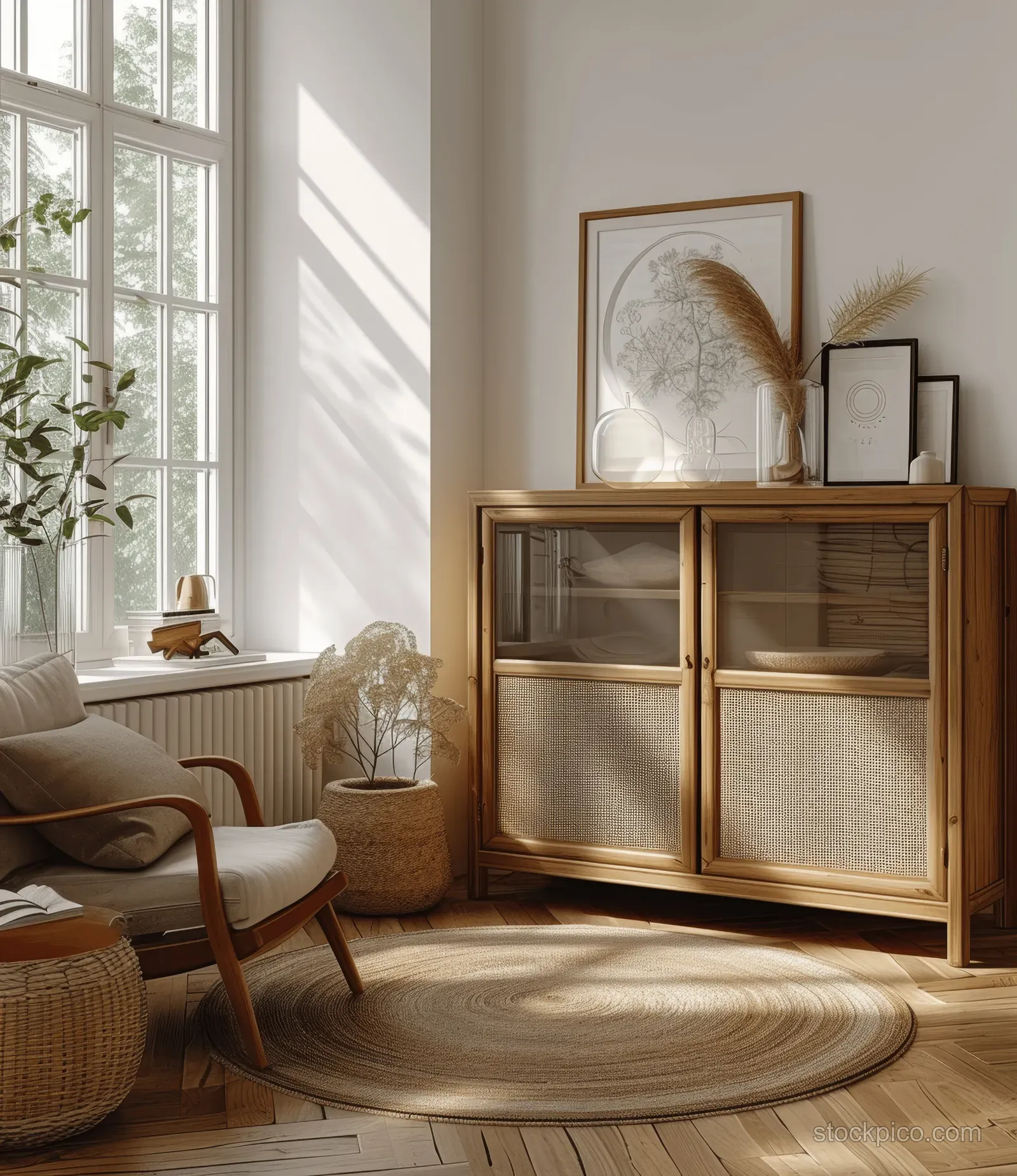 Bohemian living room corner with rattan armchair, wooden cabinet, and framed artwork near a bright window.