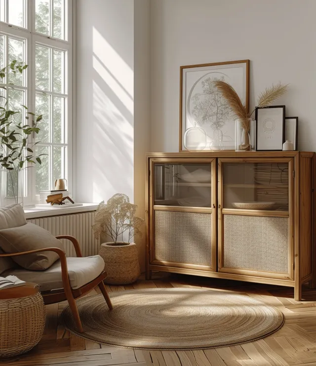 Bohemian living room corner with rattan armchair, wooden cabinet, and framed artwork near a bright window.