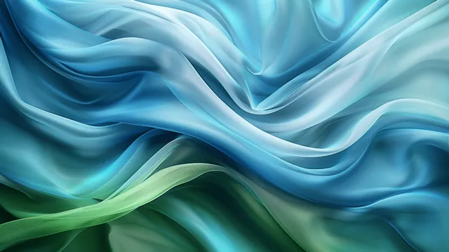 Ondas de seda de satén azul verdosa con pliegues fluidos y reflejos degradados sobre un fondo abstracto y liso.