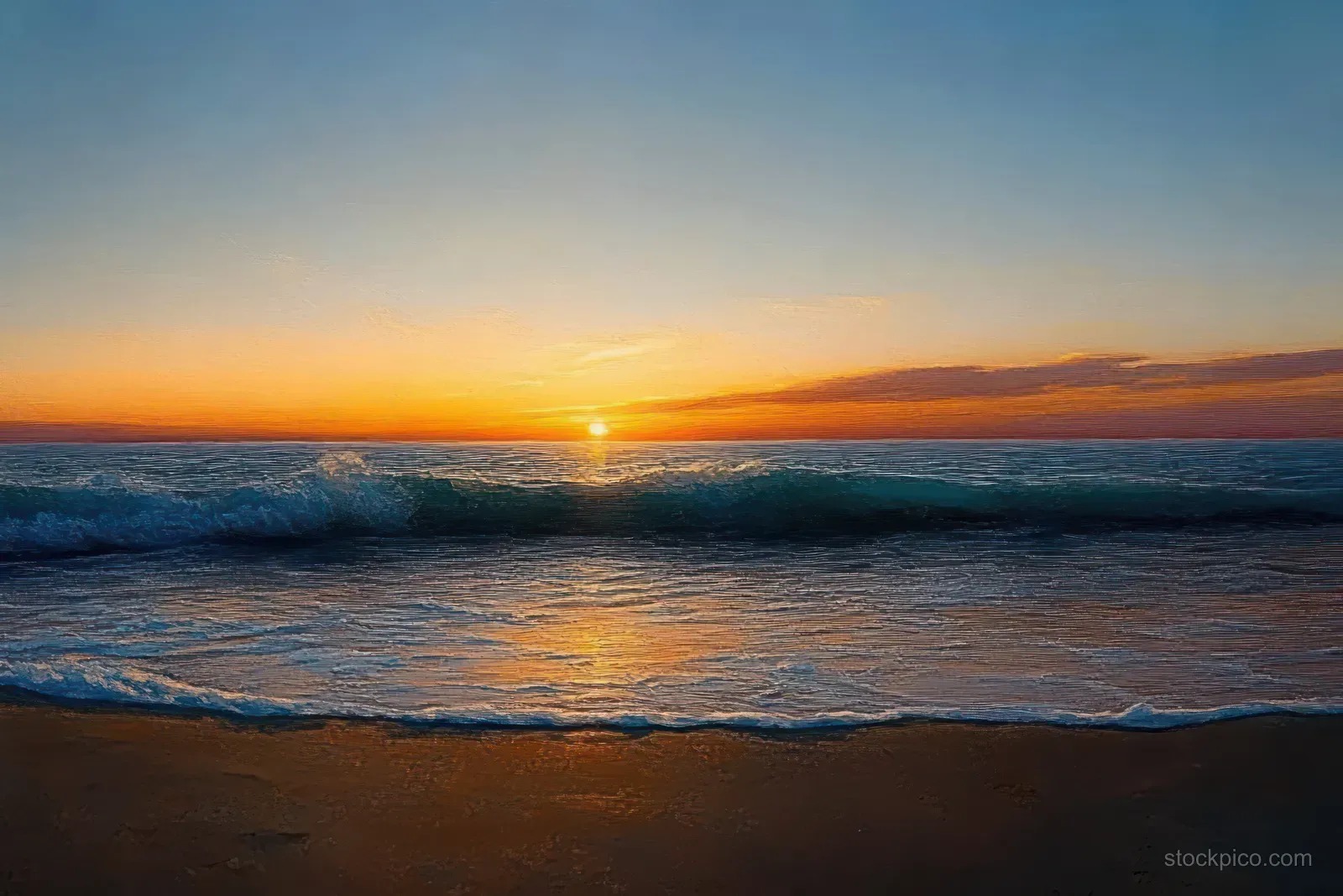 Sunset over a sandy beach where gentle waves reflect warm orange light near the horizon.