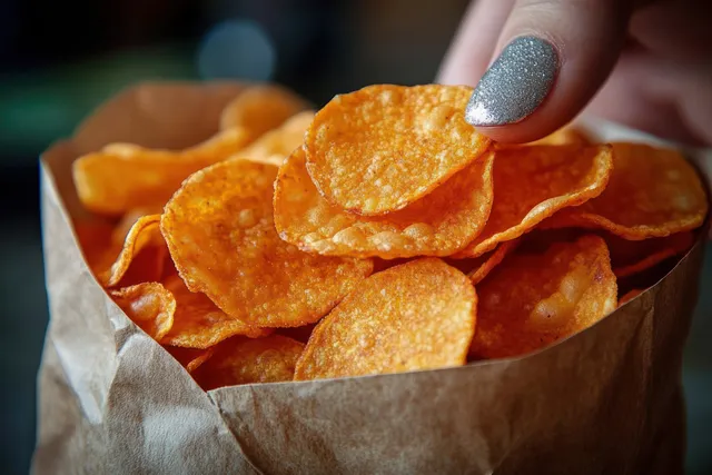 Close-up of glittery silver nail polish fingers picking a crispy orange potato chip from a brown paper bag.