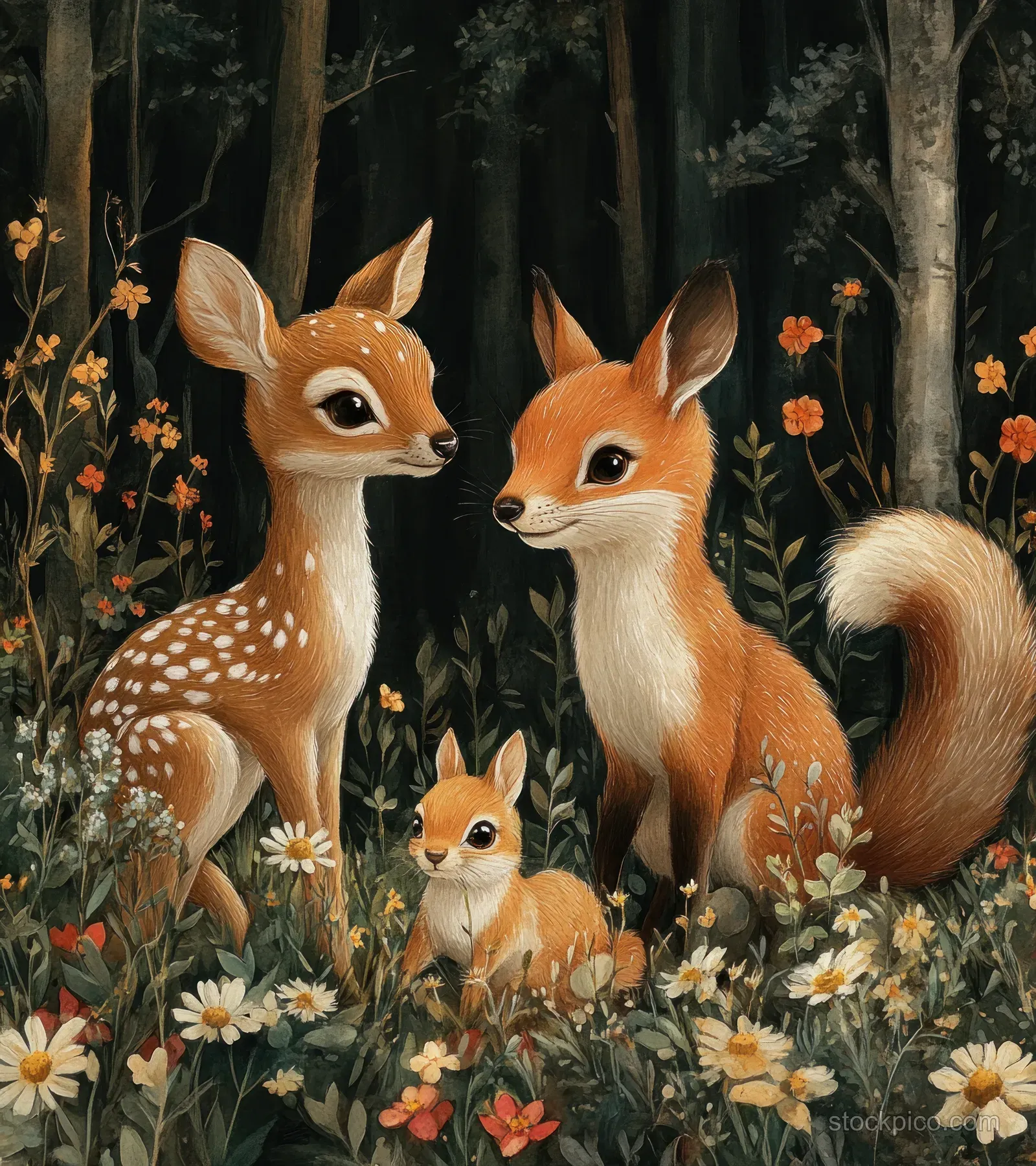 A fawn, fox, and squirrel sit among wildflowers in a shaded forest with tall green trees behind them.