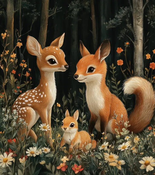 A fawn, fox, and squirrel sit among wildflowers in a shaded forest with tall green trees behind them.