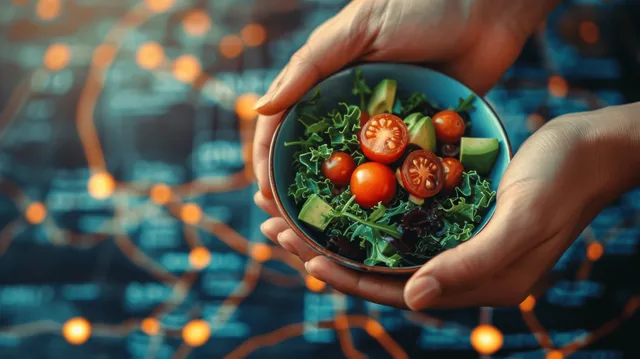 Hands Holding a Fresh Salad Bowl with Avocados and Cherry Tomatoes with Plant Based Food
