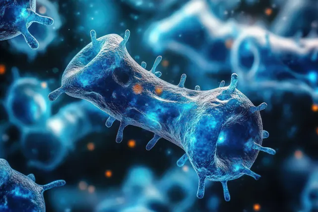 Blue spiky bacteria-like cells float in glowing fluid with small orange particles around them.