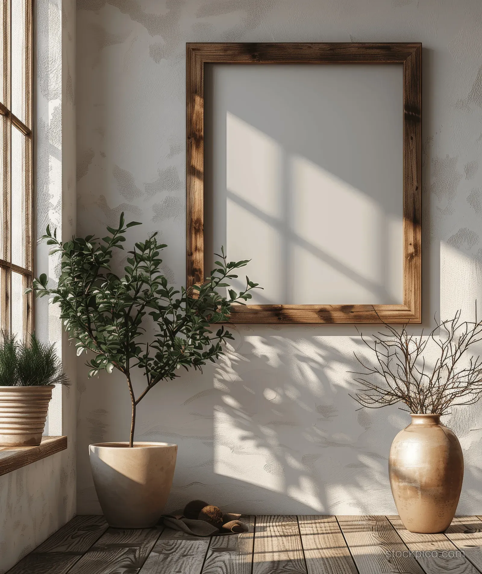 A vertical wooden picture frame mockup hangs on a white wall with sunlit window shadow patterns in a minimalist living room.
