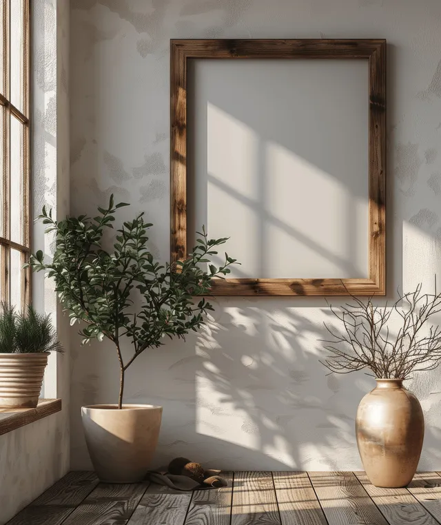 Vertical wooden picture frame on white wall, sunlit window shadow in minimalist living room