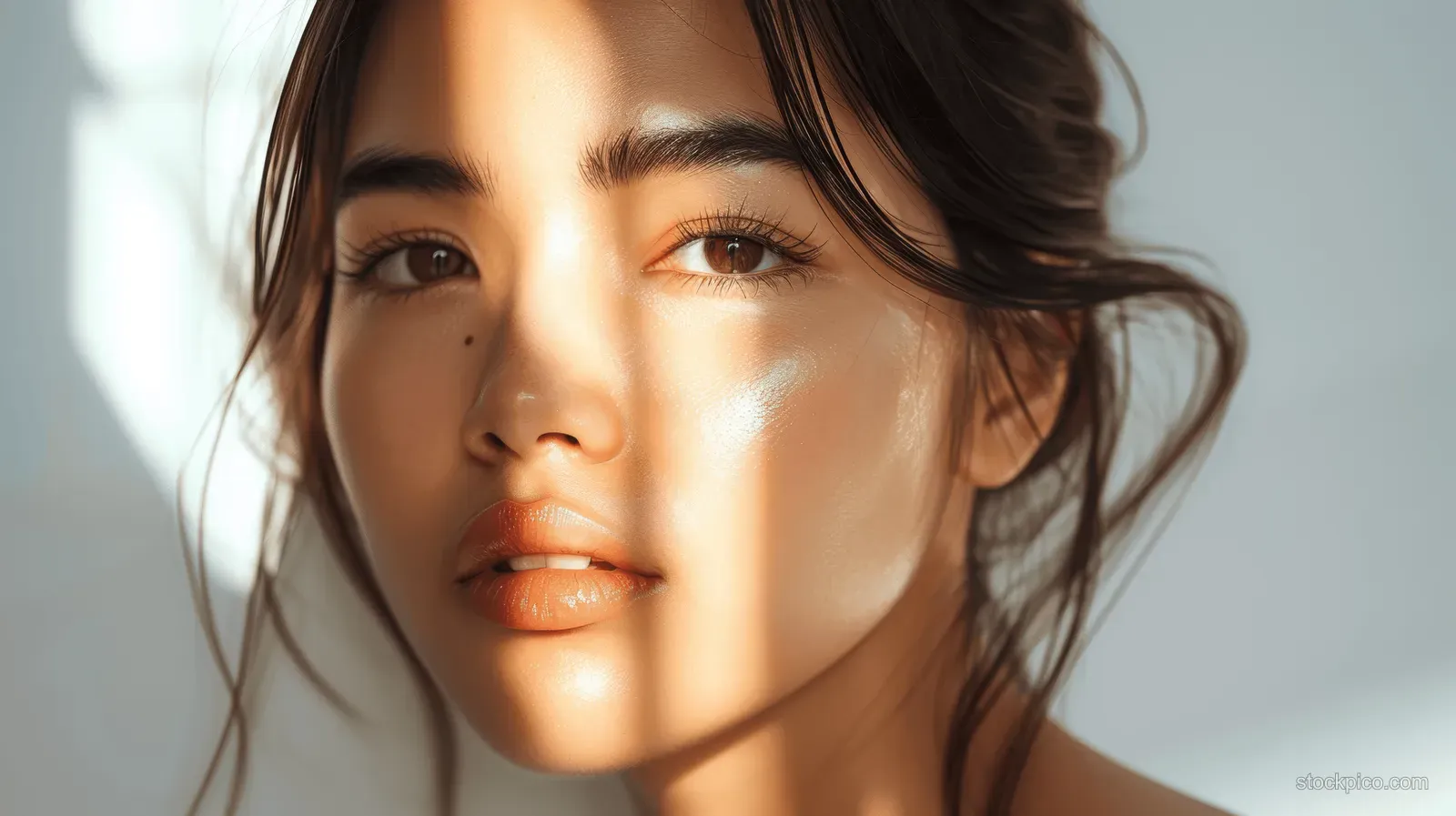 Woman’s face in close-up with natural makeup under warm sunlight and soft shadow across her cheek.