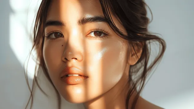 Close-up portrait of a woman with natural makeup, warm sunlight and soft shadows