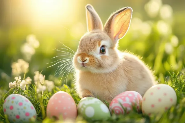 Easter bunny sitting among pastel painted eggs in a sunlit spring meadow
