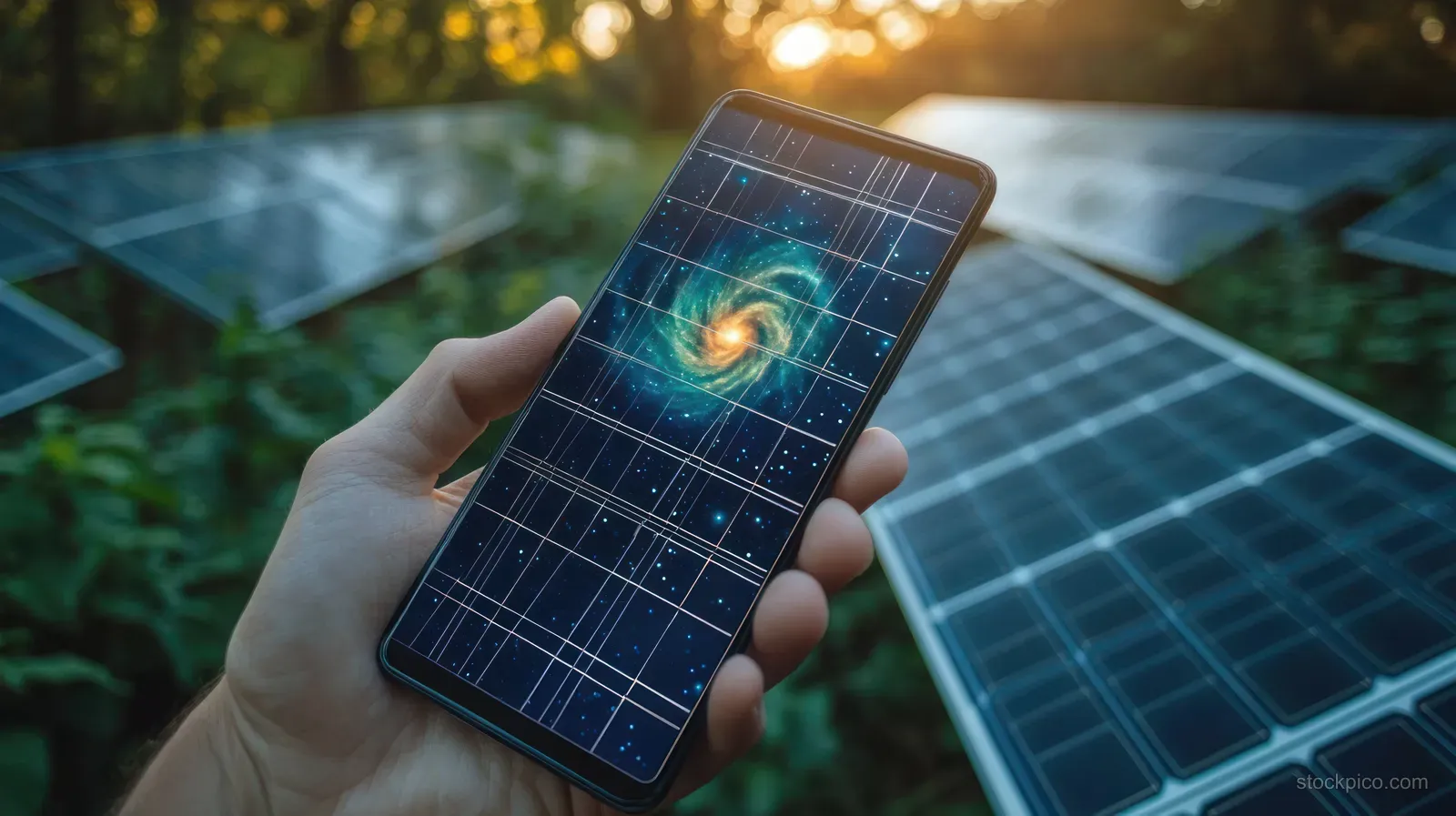 A hand holds a smartphone with a galaxy overlay in front of solar panels and greenery at sunset.