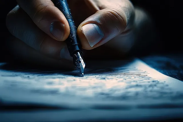 A hand writes with a fountain pen on textured paper under focused light, with dark background shadows.