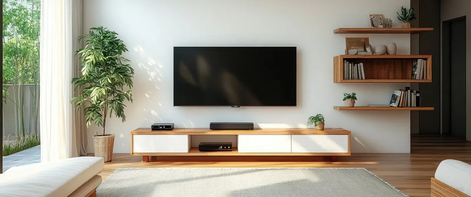 Bright living room with wall-mounted flat TV, wooden console, floating shelves with books, and potted plants by a large window.