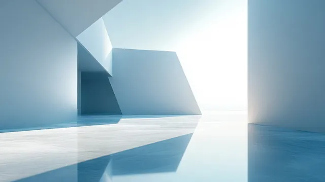Empty minimalist interior corridor with white and blue geometric walls, bright daylight, and reflections on a polished floor.