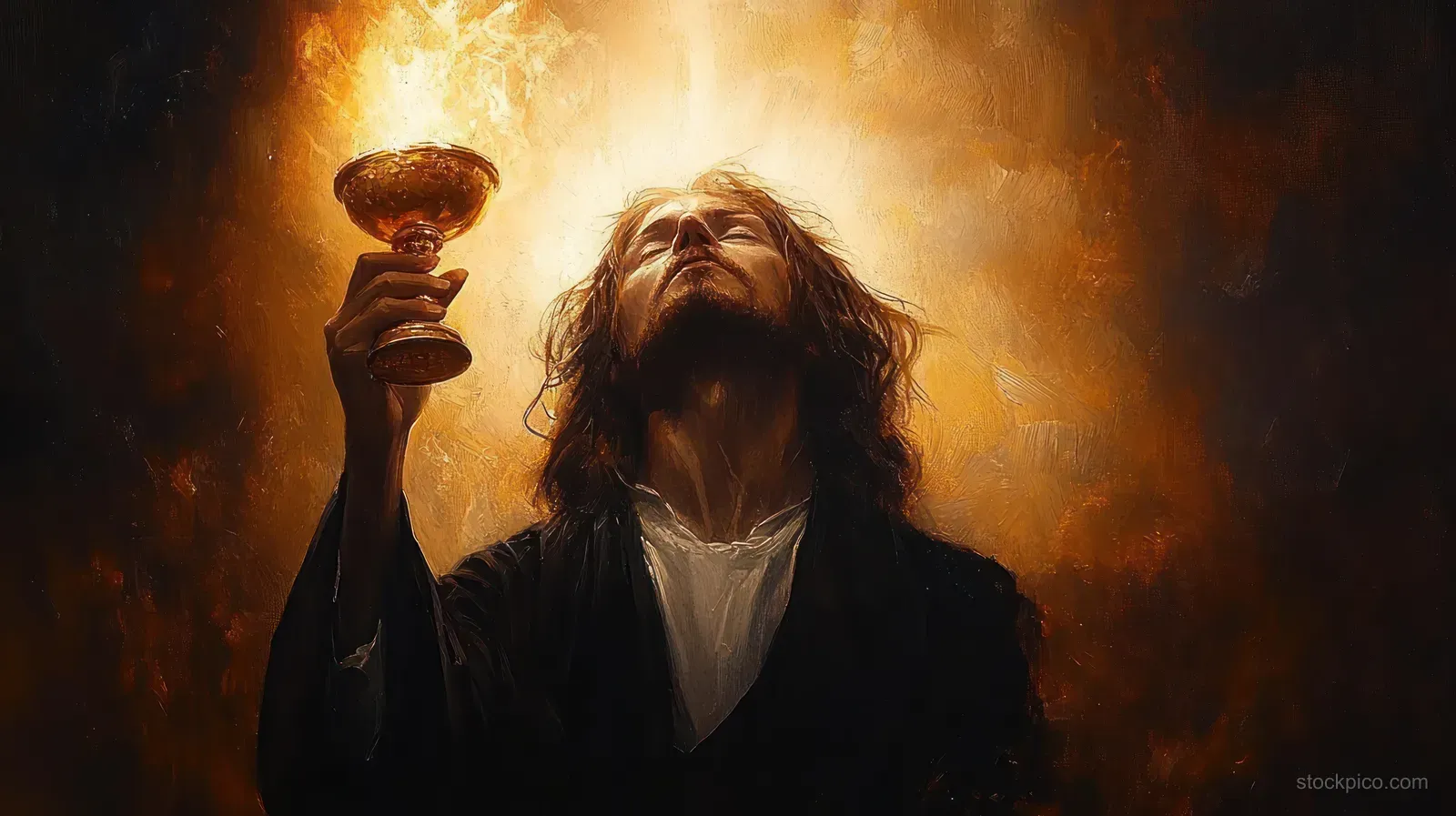 Christ holding up a golden chalice against a warm candlelit backdrop suggesting the Last Supper.