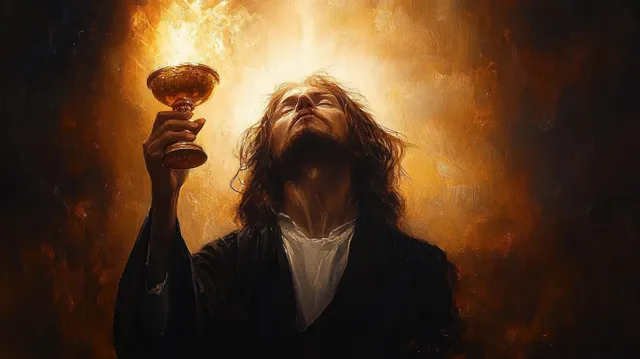 Christ at Last Supper holds a golden chalice in candlelit sacrament worship