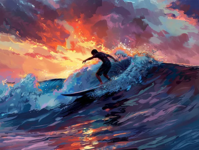 Surfer carves a wave at sunset in Japan, shortboard action silhouette