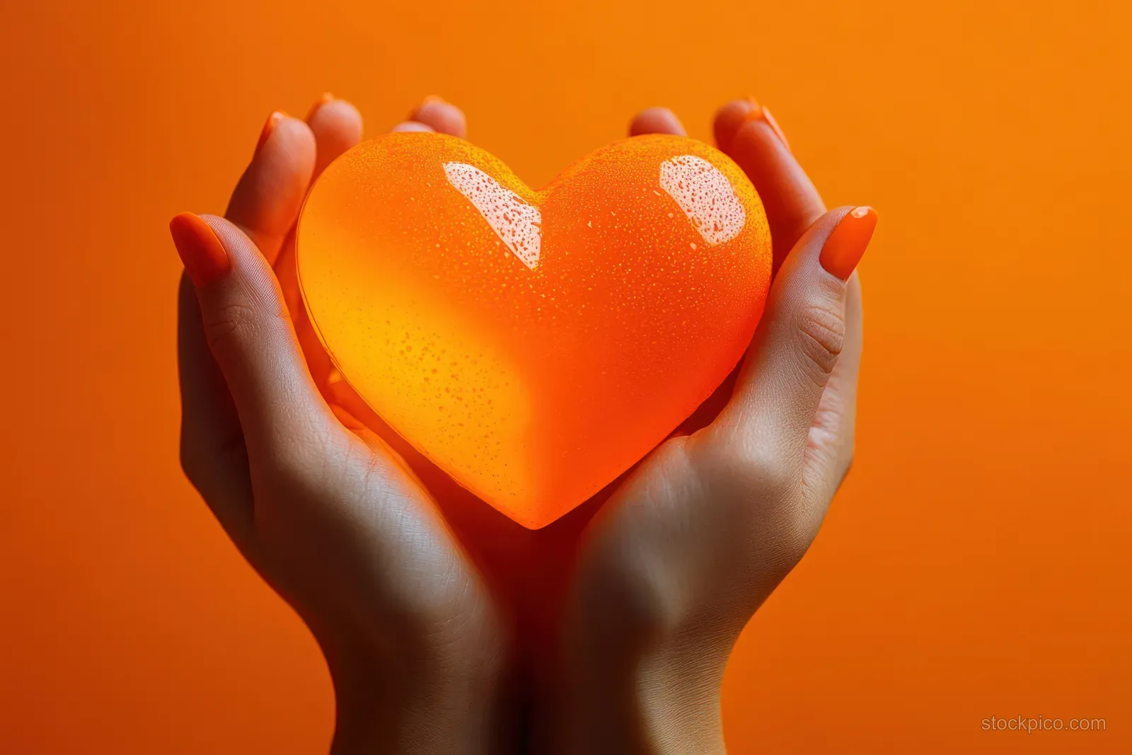 Two hands with orange nail polish gently hold a translucent orange heart on a bright orange background.