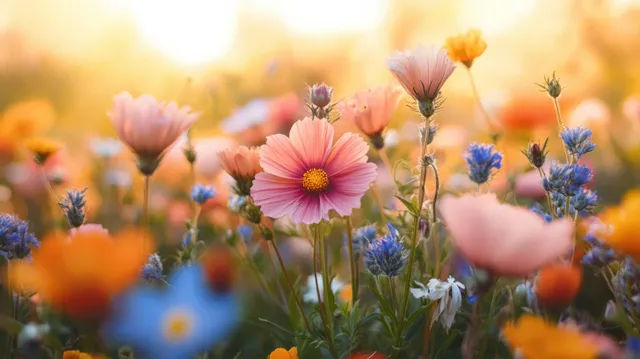 Smiling young woman takes a selfie among blooming wildflowers under warm golden sunlight