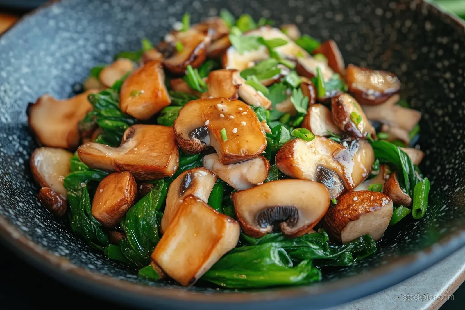 Mushrooms and bok choy stir-fried in a black wok with chopped green herbs and garlic.