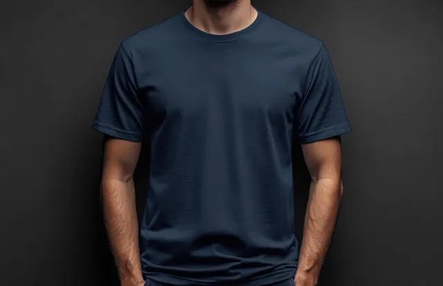 Model wearing a navy crew-neck t-shirt with visible fabric texture in a studio setting.